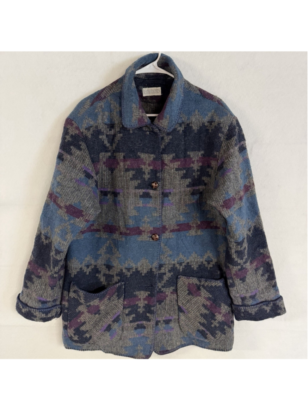 Vintage Aztec Southwestern Jacket Womens M Oversized Wool Blend Blanket Coat USA